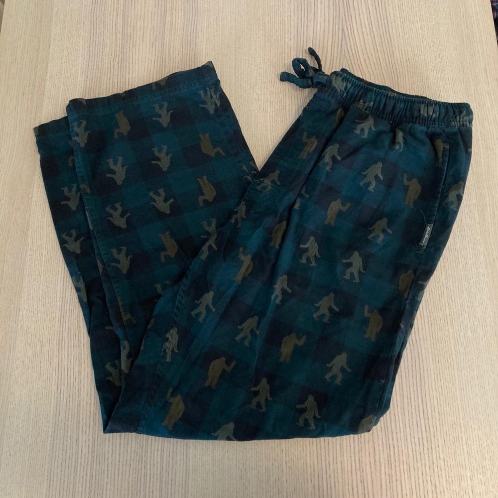 Eddie Bauer Pajama Pants Mens L Blue Bigfoot Sasquatch Buffalo Plaid Flannel